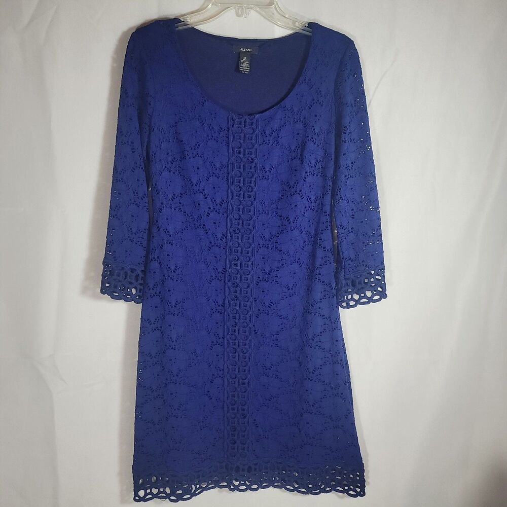 Alfani Royal Blue Floral Lace Sheath Dress Scoop Neck Lined Cocktail Dress XS
